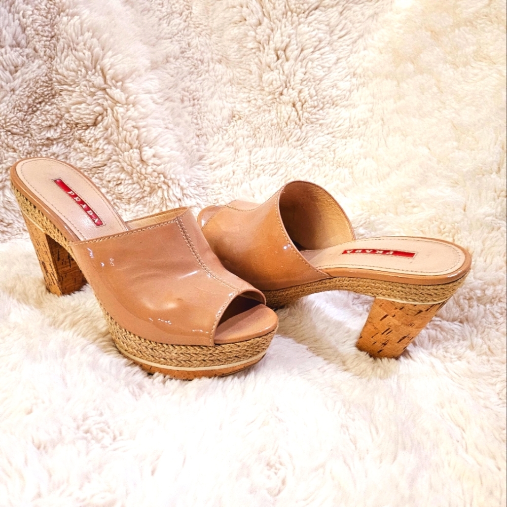 Prada patent leather cork heel clogs; Nudo